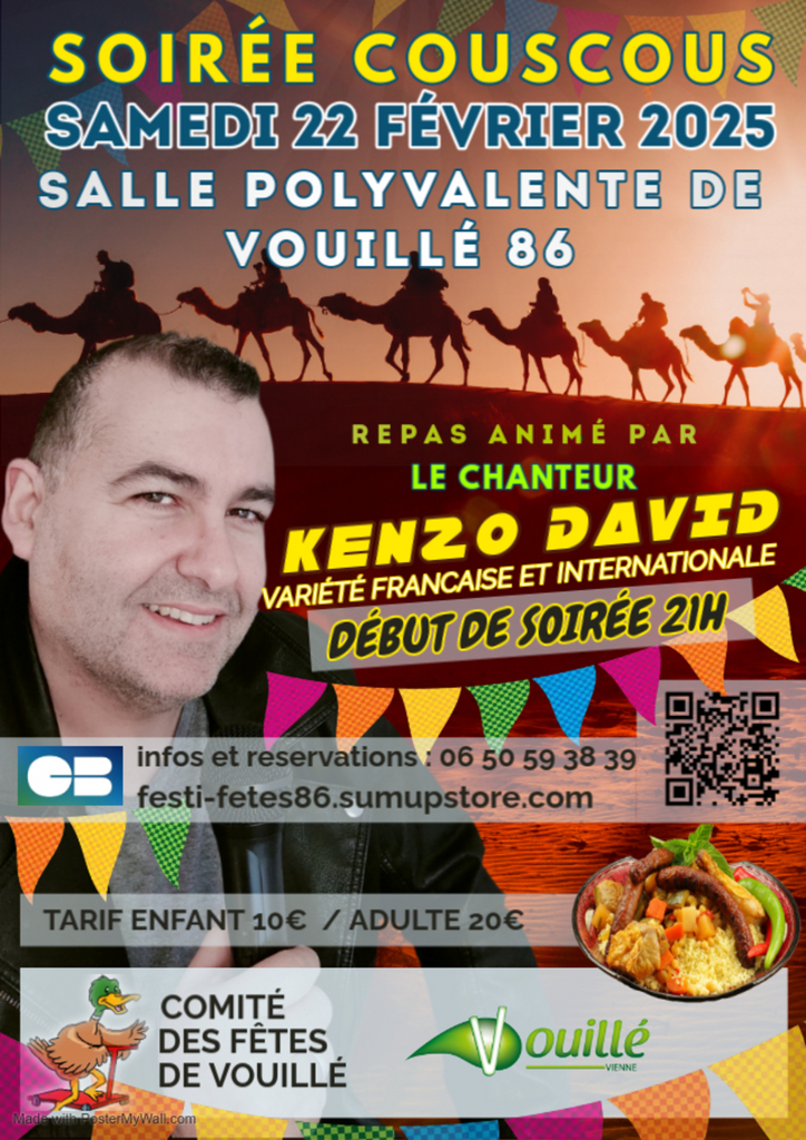 Soirée Couscous le samedi 22 février 2025 à Vouillé (86) avec Kenzo David